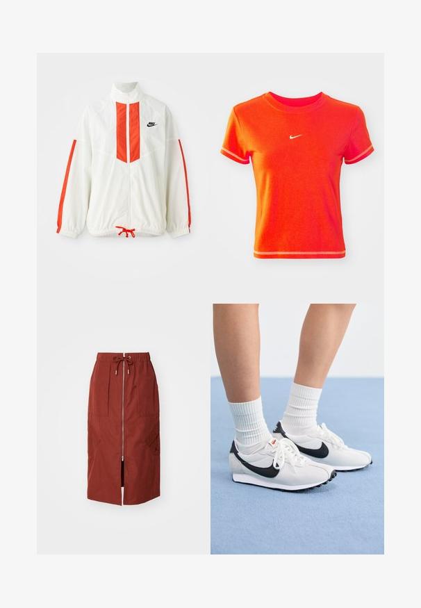 Veste coupe-vent blanche avec des rayures verticales rouges et un ourlet à cordon de serrage. Comprend un col montant et une fermeture éclair à l'avant. Logo Nike sur la poitrine.; T-shirt rouge court en coton, avec un col rond côtelé et des manches courtes. Affiche un petit logo Nike blanc sur le devant.; Jupe mi-longue en rouge terre cuite, avec une fermeture éclair à l'avant, une taille élastique avec cordon de serrage et des poches latérales avec un design géométrique.; Baskets en maille blanches avec des accents noirs, bout rond et semelle en caoutchouc plate. Associées à des chaussettes blanches côtelées.
