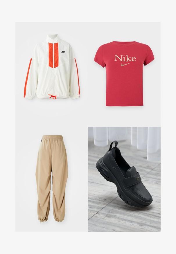Valge tuulejope punaste vertikaalsete triipudega ja nööriga alumises osas. Omab püsti seisvat kraed ja esimest lukku. Nike logo rinnal.; Punane lühikeste varrukatega t-särk, millel on keskel "Nike" tekst ja väike leopardimustriga Nike swoosh logo rinnal.; Beežid kerged püksid elastse vöökohtaga, kitsenevate sääreotsadega ja sileda tekstuuriga. Püksid on lõdva lõikega ning neil ei ole nähtavaid mustreid ega kaunistusi.; Mustast nahast libisevad kingad, millel on lame tald, tekstuuriga viimistlus, pehmendusega ülemine osa ja kuldne logoaksent. Disainitud mugavuse ja hõlpsa kandmise jaoks.