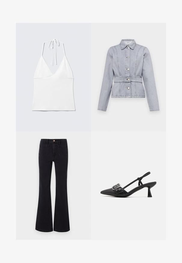 Veste en denim gris clair avec un col, des boutons-pression, une taille ajustée et de subtils détails de couture. Manches longues avec un design structuré.; Haut blanc sans manches à col halter avec des bonnets triangulaires et de fines bretelles nouées autour du cou sur un fond clair uni.; GAP FLARE TAYLORSON - Jean flare - basic black; Simmi London DALA - Escarpins - black