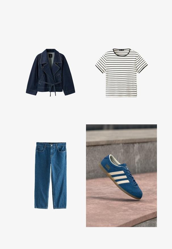 Donkerblauwe cropped spijkerjas met brede kraag, lange mouwen, zakken aan de voorkant en een strikceintuur in de taille.; Wit shirt met korte mouwen met dunne horizontale zwarte strepen en een zwarte ronde halslijn.; Blauwe spijkerbroek van denim met een geruit patroon. Heeft vijf zakken, een rits en een standaard riemlus tailleband. Ruime pasvorm, rechte pijpen.; Blauwe suède sneaker met crèmekleurige strepen en veters, zool van gumrubber, gestructureerd oppervlak, afgeronde neus en merkopdruk aan de zijkant.
