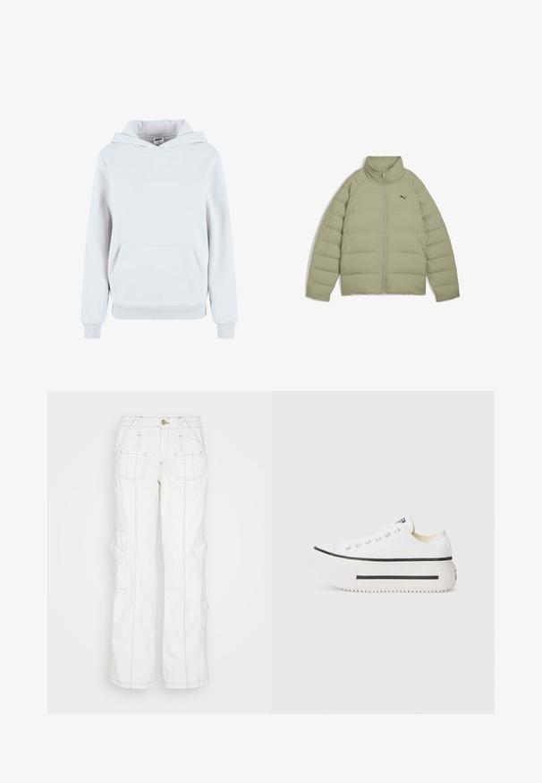 Hellgrüne Pufferjacke mit Frontreißverschluss, hohem Kragen, Seitentaschen und kleinem Puma-Logo auf der linken Brust.; Weißer Baumwollhoodie mit einer vorderen Kängurutasche, verstellbarem Kordelzughut, gerippten Bündchen und Saum; glatte Textur, lässiges Design.; BDG Urban Outfitters Jeans Relaxed Fit - white; Weiße Canvas-Plattform-Sneaker mit schwarzer Gummisohle, runder Zehenkappe und Metallösen, die ein einfaches, klares Design aufweisen.