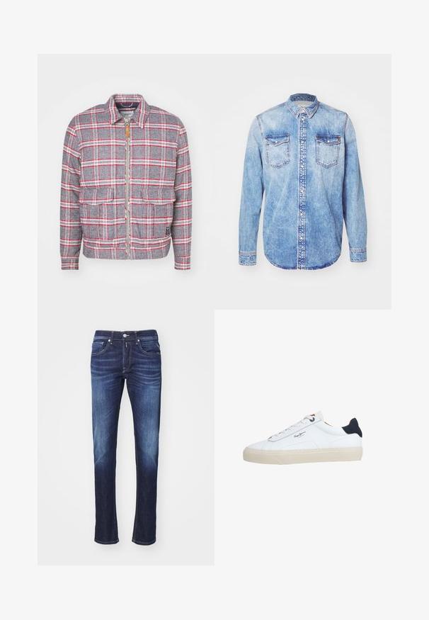 Grå og rød ternet jakke med lynlås foran, to forlommer og en simpel krave. Lavet af et struktureret stof. Casual design.; Lysblå denimskjorte med lange ærmer, knap-ned krave, to brystlommer og kontrastsyetning. Rundet kant og klassisk pasform.; Mørkeblå denimjeans med lige ben, der har fem lommer, knaplukning og diskret blegeteffekt langs lårene.; Hvid lavtop-sneaker med beige sål, hvide snørebånd, sort hælkappe og "Pepe Jeans London"-logo på siden.