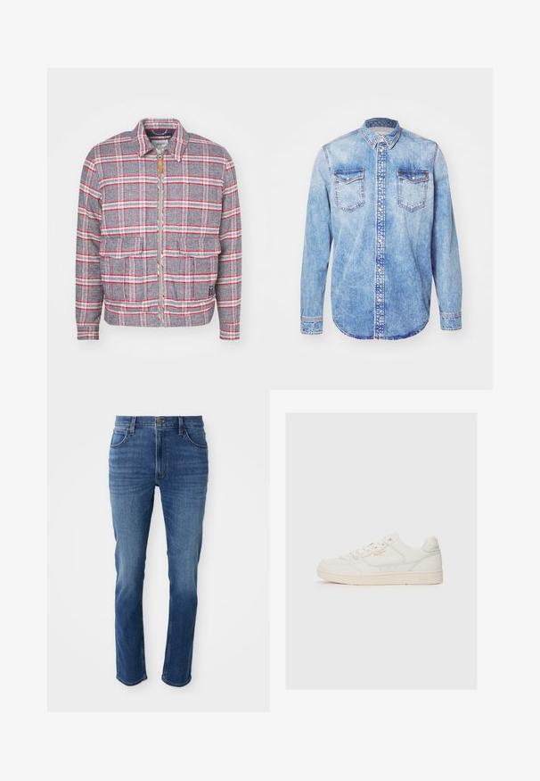 Grijze en rode geruite jas met een rits aan de voorkant, twee voorzakken en een eenvoudige kraag. Gemaakt van een gestructureerde stof. Casual ontwerp.; Lichtblauw denim shirt met lange mouwen, button-down kraag, twee borstzakken en contrasterende stiksels. Afgeronde zoom en klassieke pasvorm.; Blauwe spijkerbroek met een rechte snit, vijf zakken en een rits. Heeft subtiele vervaging en contraststiksels langs de naden.; Witte leren sneaker met een gladde textuur, voorzien van geperforeerde accenten, vetersluiting aan de voorkant en een subtiel logo in goud aan de zijkant.