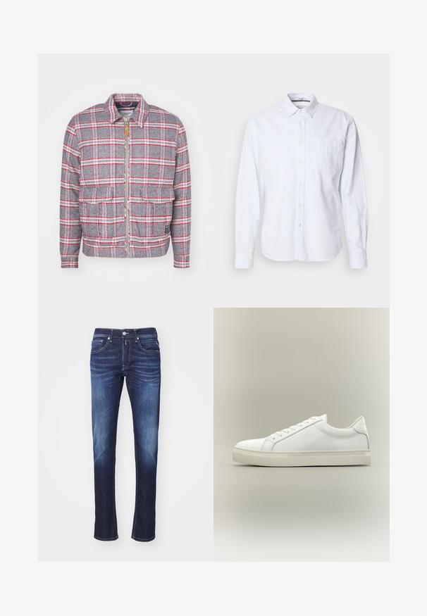 Grijze en rode geruite jas met een rits aan de voorkant, twee voorzakken en een eenvoudige kraag. Gemaakt van een gestructureerde stof. Casual ontwerp.; Witte langwerpige shirt met lichtblauwe verticale strepen. Knoopsluiting met een enkele borstzak en een klein merklabel op de zak.; Donkerblauwe denim jeans met een rechte pijp, voorzien van vijf zakken, een knopenrits en subtiele vervaging langs de dijen.; Witte lage sneaker met veters aan de voorkant en dikke zool, zijaanzicht tegen een neutrale achtergrond.