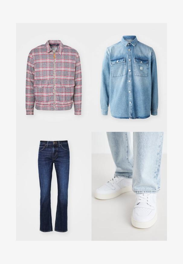 Veste à carreaux grise et rouge avec fermeture éclair à l'avant, deux poches avant et un col simple. Fabriquée dans un tissu texturé. Design décontracté.; Chemise en denim bleu clair à manches longues, col pointe, deux poches poitrine et fermeture boutonnée sur le devant. Présente une texture de tissu subtile et des détails de couture.; Jean en denim bleu foncé avec une coupe droite, comportant cinq poches, une fermeture à bouton et un léger délavage à l'avant.; Baskets basses en cuir blanc avec un bout perforé, des lacets plats et un design minimaliste. Associées à un jean en denim bleu clair.