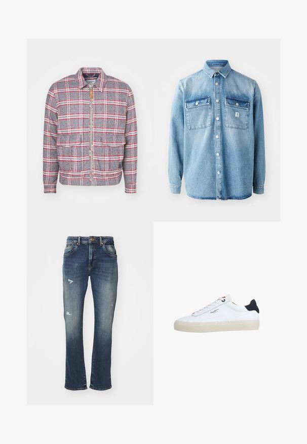 Grijze en rode geruite jas met een rits aan de voorkant, twee voorzakken en een eenvoudige kraag. Gemaakt van een gestructureerde stof. Casual ontwerp.; Lichtblauwe denim shirt met lange mouwen, puntkraag, twee borstzakken en een knoopsluiting aan de voorkant. Bevat subtiele stofstructuur en stikdetails.; Bootcut jeans van donkerblauwe denim, met een vervaagde afwerking, slijtage aan de voorkant, een vijf-pocket ontwerp en een tailleband met knoopsluiting.; Witte lage sneaker met een beige zool, witte veters, zwarte hielstrook en het logo "Pepe Jeans London" aan de zijkant.