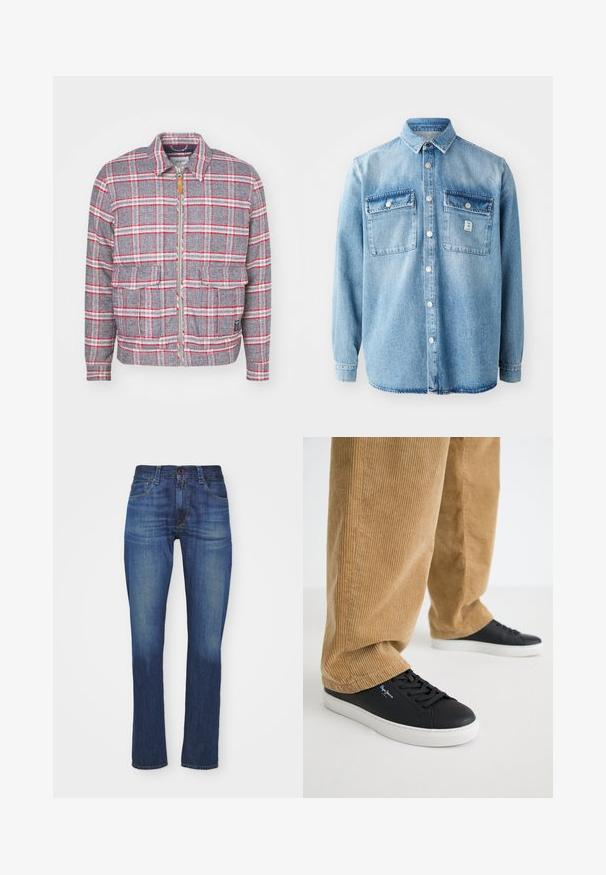 Grau-rot kariertes Jackett mit Reißverschluss, zwei Vorderaschen und einem schlichten Kragen. Aus einem strukturierten Stoff gefertigt. Lässiges Design.; Hellblaues Denimhemd mit langen Ärmeln, Punktkragen, zwei Brusttaschen und Knopfverschluss vorne. Verfügt über eine dezente Stofftextur und Nähdetails.; Dunkelblaue Denim-Jeans im Slim-Fit-Schnitt mit klassischem Fünf-Taschen-Design, Reißverschluss und Knopfverschluss sowie subtiler Ausbleichung.; Schwarze Ledersneaker mit weißen Gummisohlen. Getragen mit beigen Cordhosen, die vertikale Rippungen und eine lockere Passform aufweisen.
