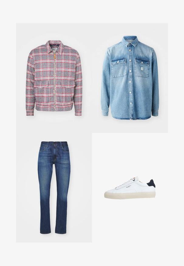 Grå og rød ternet jakke med lynlås foran, to forlommer og en simpel krave. Lavet af et struktureret stof. Casual design.; Lys blå denimskjorte med lange ærmer, spidse krave, to brystlommer og frontknaplukning. Har en subtil stoftekstur og syningsdetaljer.; Mørkeblå denim jeans i slim fit med et klassisk femlommersdesign, der har lynlås og knaplukning samt subtil slidtegn.; Hvid lavtop-sneaker med beige sål, hvide snørebånd, sort hælkappe og "Pepe Jeans London"-logo på siden.