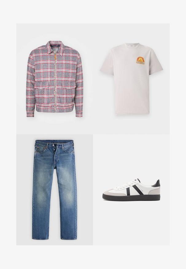 Grå og rød ternet jakke med lynlås foran, to forlommer og en simpel krave. Lavet af et struktureret stof. Casual design.; Lysegrå bomulds T-shirt med rund hals, der har et farverigt "Lone Château Replay" grafik i orange og blå på brystet.; Blå denimjeans med lige ben, let falming, fem-lomme-design og kobberhardwaredetaljer på knapper og nitter.; Hvide sneakers med sorte og grå detaljer, med en tekstureret grå tåhætte, sort gummisål og flade hvide snørebånd. Rent design, minimalistisk stil.