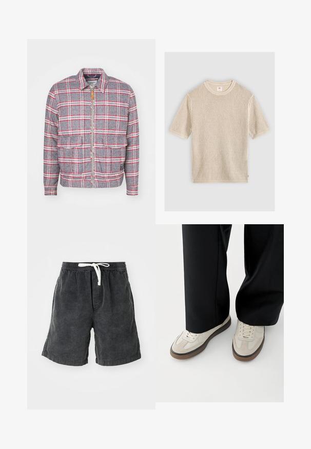 Veste à carreaux grise et rouge avec fermeture éclair à l'avant, deux poches avant et un col simple. Fabriquée dans un tissu texturé. Design décontracté.; Pull en maille beige à manches courtes avec un col rond et un motif en maille ajourée texturé, posé à plat sur un fond clair.; Shorts en velours côtelé de couleur gris foncé avec des rayures verticales. Dotés d'une taille élastique avec un cordon blanc. Design décontracté adapté aux temps chauds.; Pieds portant des baskets beige avec des semelles marron et un pantalon noir à jambes larges sur fond blanc.