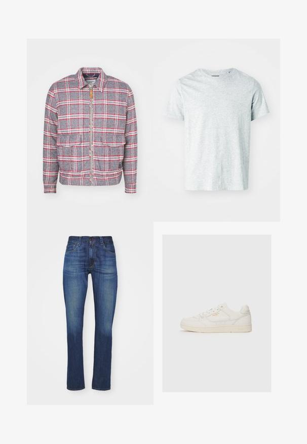 Grå og rød ternet jakke med lynlås foran, to forlommer og en simpel krave. Lavet af et struktureret stof. Casual design.; Lys grå, kortærmet t-shirt lavet af blødt stof, med en rund hals og en let afslappet pasform. Ingen synlige mønstre eller grafik.; Mørkeblå denim jeans i slim fit med et klassisk femlommersdesign, der har lynlås og knaplukning samt subtil slidtegn.; Hvide lædersneakers med en glat overflade, der har perforerede detaljer, snørebånd fortil og et diskret logo i guld nær siden.