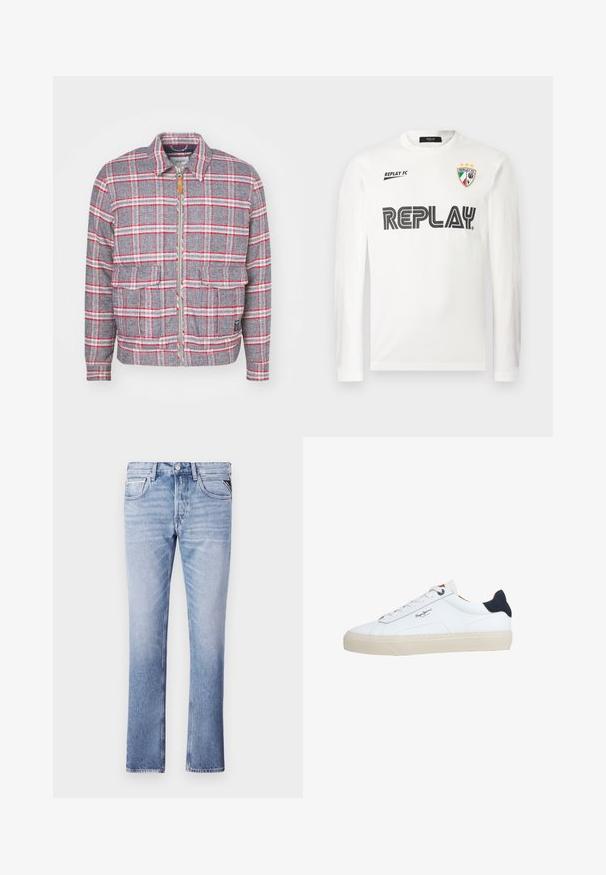Grå og rød ternet jakke med lynlås foran, to forlommer og en simpel krave. Lavet af et struktureret stof. Casual design.; Hvid langærmet skjorte med sort "REPLAY" tekst henover brystet, lille "REPLAY FC" tekst øverst til venstre, og et tri-farvet skjold emblem med tre stjerner øverst til højre.; Lyseblå denimjeans med lige ben, fem lommer og synlige syninger. Glat tekstur og klassisk pasform.; Hvid lavtop-sneaker med beige sål, hvide snørebånd, sort hælkappe og "Pepe Jeans London"-logo på siden.