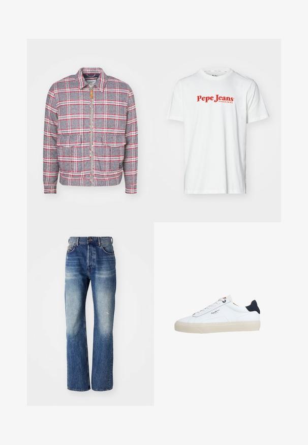 Grå og rød ternet jakke med lynlås foran, to forlommer og en simpel krave. Lavet af et struktureret stof. Casual design.; Hvid bomulds t-shirt med rød "Pepe Jeans" logo tekst. Korte ærmer og rund halsudskæring, med en standard pasform og ingen synlige mønstre.; Blå denim jeans med lige ben-design, der har lys falmning og let whiskering fortil. Standard fem-lomme stil.; Hvid lavtop-sneaker med beige sål, hvide snørebånd, sort hælkappe og "Pepe Jeans London"-logo på siden.