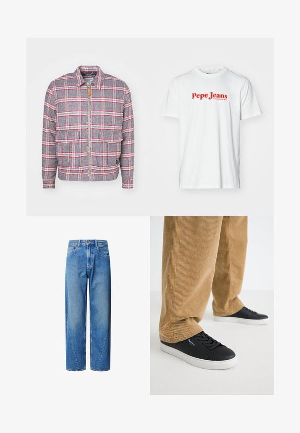 Grau-rot kariertes Jackett mit Reißverschluss, zwei Vorderaschen und einem schlichten Kragen. Aus einem strukturierten Stoff gefertigt. Lässiges Design.; Weißes Baumwoll-T-Shirt mit rotem "Pepe Jeans"-Logotext. Kurze Ärmel und runder Halsausschnitt, mit normaler Passform und ohne sichtbare Muster.; Helle blaue Denim-Jeans mit hoher Taille, weitem Beinschnitt und schrägen Echsenähten. Verfügt über fünf Taschen und einen Knopfverschluss.; Schwarze Ledersneaker mit weißen Gummisohlen. Getragen mit beigen Cordhosen, die vertikale Rippungen und eine lockere Passform aufweisen.