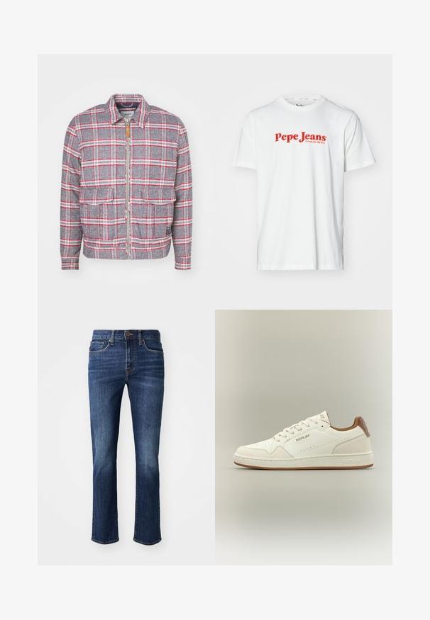 Grijze en rode geruite jas met een rits aan de voorkant, twee voorzakken en een eenvoudige kraag. Gemaakt van een gestructureerde stof. Casual ontwerp.; Witte katoenen t-shirt met rode "Pepe Jeans" logo tekst. Korte mouwen en een ronde hals, met een standaard pasvorm en geen zichtbare patronen.; Donkerblauwe jeans met een rechte pasvorm. Kenmerken zijn een ritsgulp, zijzakken en subtiele vervaging op de dijen. Gemaakt van denimstof.; Witte lage sneaker met een bruine kraag, geperforeerde details, vetersluiting aan de voorkant en "Replay" branding op de zijkant, tong en zool.