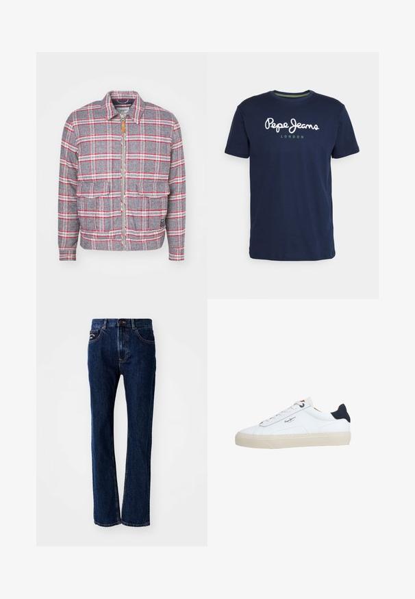 Grå og rød ternet jakke med lynlås foran, to forlommer og en simpel krave. Lavet af et struktureret stof. Casual design.; Mørkeblå bomulds t-shirt med rund hals og korte ærmer. Indeholder hvid "Pepe Jeans" tekst med "LONDON" i grøn under.; Mørkeblå denimjeans med lige ben-design, der har to forlommer og en knaplukning. Diskrete syninger.; Hvid lavtop-sneaker med beige sål, hvide snørebånd, sort hælkappe og "Pepe Jeans London"-logo på siden.