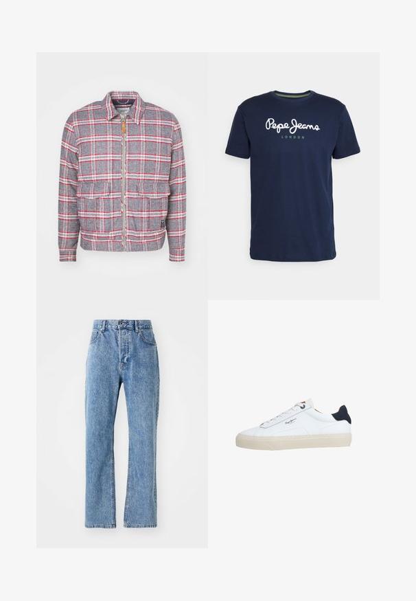 Grau-rot kariertes Jackett mit Reißverschluss, zwei Vorderaschen und einem schlichten Kragen. Aus einem strukturierten Stoff gefertigt. Lässiges Design.; Navyblaue Baumwoll-T-Shirt mit rundem Halsausschnitt und kurzen Ärmeln. Enthält weißen "Pepe Jeans"-Schriftzug und "LONDON" in grün darunter.; Hellblaue Denim-Jeans mit hoher Taille, weitem Bein-Design, klassischem Fünf-Taschen-Stil und dezentem Verblassen des Materials.; Weißer Sneaker in niedriger Schnittform mit beiger Sohle, weißen Schnürsenkeln, schwarzem Fersenlasche und dem "Pepe Jeans London"-Logo an der Seite.
