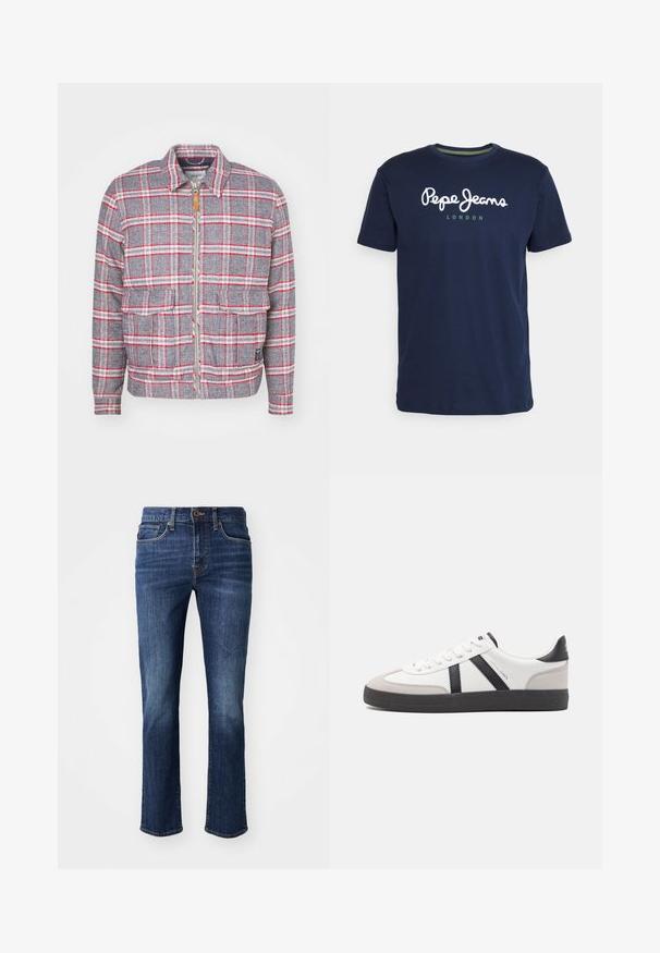 Veste à carreaux grise et rouge avec fermeture éclair à l'avant, deux poches avant et un col simple. Fabriquée dans un tissu texturé. Design décontracté.; T-shirt en coton bleu marine avec un col rond et des manches courtes. Comprend un script blanc "Pepe Jeans" et "LONDON" en vert en dessous.; Jean bleu foncé avec une coupe droite. Les caractéristiques incluent une fermeture éclair, des poches avant et un léger décoloration au niveau des cuisses. Fabriqué en tissu denim.; Baskets blanches avec des accents noirs et gris, présentant un embout texturé gris, une semelle en caoutchouc noir et des lacets plats blancs. Design épuré, style minimaliste.