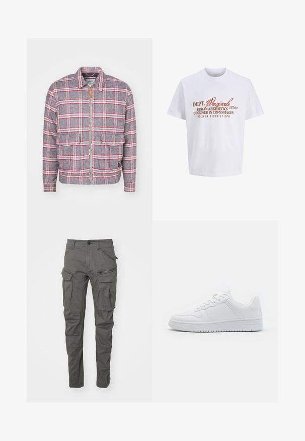Grå og rød ternet jakke med lynlås foran, to forlommer og en simpel krave. Lavet af et struktureret stof. Casual design.; Hvid kortærmet t-shirt med brun og rustfarvet tekst, der lyder "DEPT. Originals Urban Aesthetics Designed in Copenhagen Holmen District CPH."; Grå cargo bukser lavet af slidstærkt stof, med flere lommer, lynlåse, knaplukning og et tapered ben design.; Hvide sneakers lavet af glat syntetisk materiale, med flade snørebånd, perforeret tå og en gummisål med et tekstureret grebmønster.