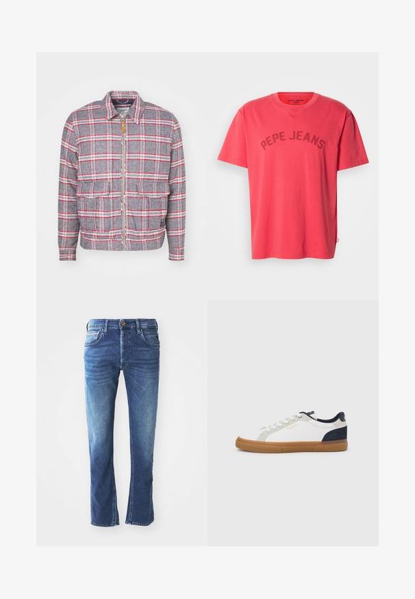 Grau-rot kariertes Jackett mit Reißverschluss, zwei Vorderaschen und einem schlichten Kragen. Aus einem strukturierten Stoff gefertigt. Lässiges Design.; Korallenfarbenes Baumwoll-T-Shirt mit kurzen Ärmeln und Rundhalsausschnitt. Mit dem Schriftzug "PEPE JEANS" in dunklen Buchstaben auf der Brust.; Dunkelblaue Jeans aus Denim mit geradem Bein, ausgestattet mit fünf Taschen, einem braunen Knopfverschluss und dezenten hellen Verfärbungen an den Oberschenkeln.; Weiße Leinensneaker mit marineblauen und grauen Wildlederakzenten. Verfügt über eine Sohle aus Gummireifen, eine abgerundete Spitze und ein klassisches Schnürdesign.