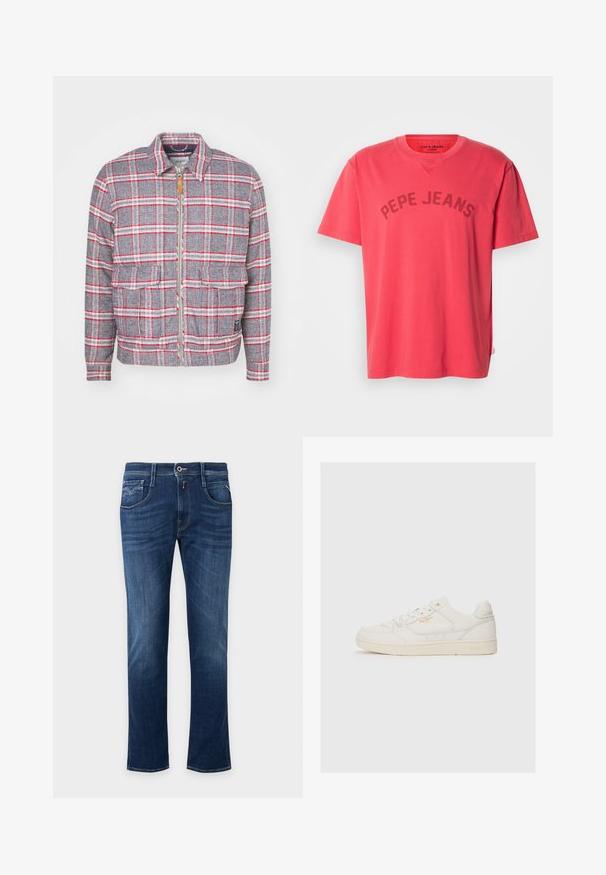 Grå og rød ternet jakke med lynlås foran, to forlommer og en simpel krave. Lavet af et struktureret stof. Casual design.; Koralfarvet bomulds-T-shirt med korte ærmer og rund halsudskæring. Har "PEPE JEANS" trykt i mørke bogstaver hen over brystet.; Mørkeblå straight-leg jeans med forreste knap, lynlås og design med fem lommer.; Hvide lædersneakers med en glat overflade, der har perforerede detaljer, snørebånd fortil og et diskret logo i guld nær siden.