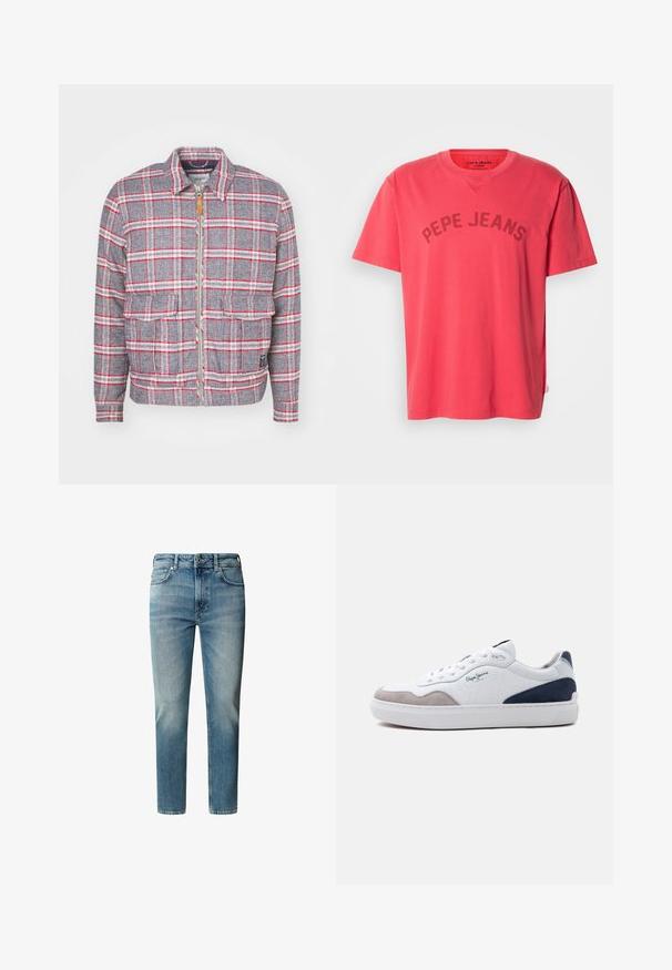 Grijze en rode geruite jas met een rits aan de voorkant, twee voorzakken en een eenvoudige kraag. Gemaakt van een gestructureerde stof. Casual ontwerp.; Koraalroze katoenen T-shirt met korte mouwen en een ronde hals. Voorzien van "PEPE JEANS" in donkere letters afgedrukt over de borst.; Lichtblauwe denim jeans met een rechte snit, vijf-pocket ontwerp en ritssluiting. Verbleking bij de knieën en subtiele kreukels op de dijen.; Witte lage sneaker met grijze suède voorkant, marineblauwe suède hiel, witte veters en "Pepe Jeans" logo aan de zijkant.