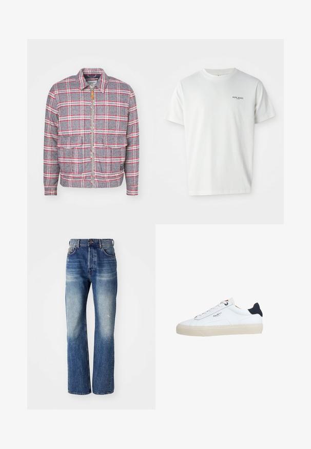 Grijze en rode geruite jas met een rits aan de voorkant, twee voorzakken en een eenvoudige kraag. Gemaakt van een gestructureerde stof. Casual ontwerp.; Witte katoenen t-shirt met een ronde halslijn en korte mouwen, met een klein marineblauw logo met de tekst "PEPE JEANS LONDON" op de borst.; Blauwe denim jeans met een rechte pijpdesign, met lichte vervaging en een lichte wassing aan de voorkant. Standaard vijf-pocket stijl.; Witte lage sneaker met een beige zool, witte veters, zwarte hielstrook en het logo "Pepe Jeans London" aan de zijkant.