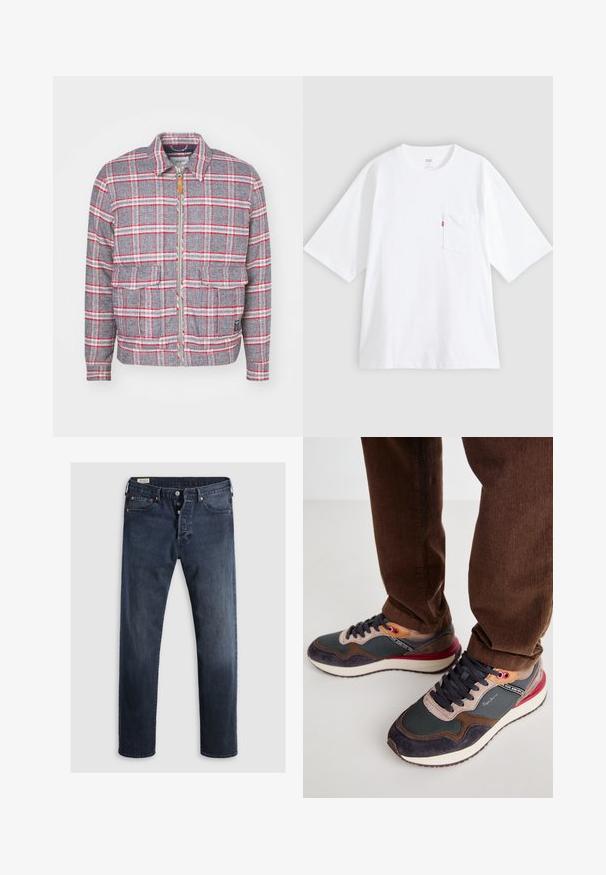 Grau-rot kariertes Jackett mit Reißverschluss, zwei Vorderaschen und einem schlichten Kragen. Aus einem strukturierten Stoff gefertigt. Lässiges Design.; Weißes Baumwoll-T-Shirt mit kurzen Ärmeln, rundem Ausschnitt und Brusttasche auf der linken Seite. Mit kleinem rotem Logotag an der Tasche.; Dunkelblaue Denim-Jeans mit geradem Bein, ausgestattet mit einem Reißverschluss, Metallknöpfen und Kupfernieten. Glatte Textur, keine sichtbaren Muster.; Sneaker mit einer Mischung aus grauem Mesh, dunkelblauem Wildleder und burgunderfarbenen Akzenten. Verfügt über ein Schnürdesign und auffällige Markenkennzeichnung an der Seite.