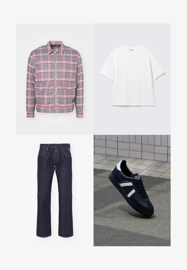 Grijze en rode geruite jas met een rits aan de voorkant, twee voorzakken en een eenvoudige kraag. Gemaakt van een gestructureerde stof. Casual ontwerp.; Witte oversized T-shirt met korte mouwen, ronde hals en verlaagde schouders, plat op een lichtgrijze achtergrond.; Donkerblauwe denim jeans met een recht model. Kenmerken zijn een knoopsluiting, vijf zakken en contrasterende stiksels.; Zwarte leren sneaker met witte strepen, een gestructureerde rubberen zool en vetersluiting aan de voorkant. Voorzien van een merklabel op de tong.