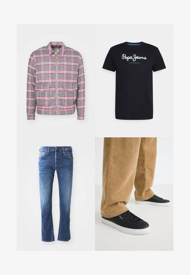 Grau-rot kariertes Jackett mit Reißverschluss, zwei Vorderaschen und einem schlichten Kragen. Aus einem strukturierten Stoff gefertigt. Lässiges Design.; Schwarzes Baumwoll-T-Shirt mit einem weißen Schriftlogo "Pepe Jeans" und blauen Akzenten, Rundhals und kurzen Ärmeln. Einfaches, schlichtes Design.; Dunkelblaue Jeans aus Denim mit geradem Bein, ausgestattet mit fünf Taschen, einem braunen Knopfverschluss und dezenten hellen Verfärbungen an den Oberschenkeln.; Schwarze Ledersneaker mit weißen Gummisohlen. Getragen mit beigen Cordhosen, die vertikale Rippungen und eine lockere Passform aufweisen.