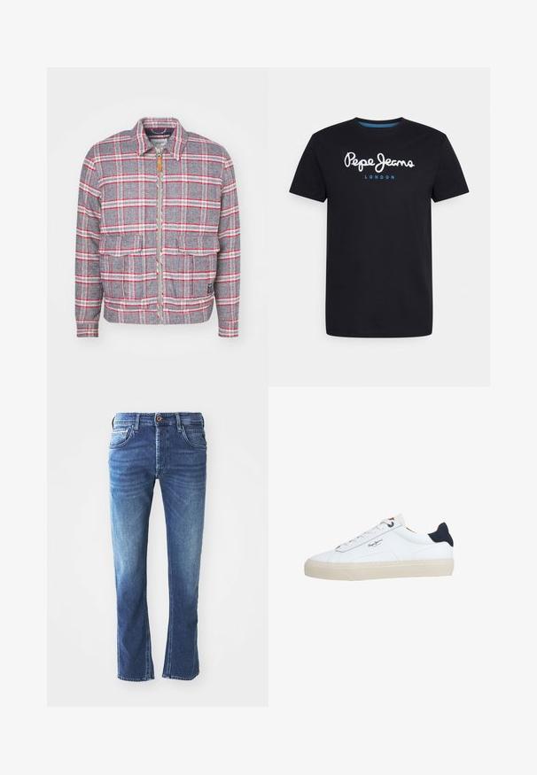 Grau-rot kariertes Jackett mit Reißverschluss, zwei Vorderaschen und einem schlichten Kragen. Aus einem strukturierten Stoff gefertigt. Lässiges Design.; Schwarzes Baumwoll-T-Shirt mit einem weißen Schriftlogo "Pepe Jeans" und blauen Akzenten, Rundhals und kurzen Ärmeln. Einfaches, schlichtes Design.; Dunkelblaue Jeans aus Denim mit geradem Bein, ausgestattet mit fünf Taschen, einem braunen Knopfverschluss und dezenten hellen Verfärbungen an den Oberschenkeln.; Weißer Sneaker in niedriger Schnittform mit beiger Sohle, weißen Schnürsenkeln, schwarzem Fersenlasche und dem "Pepe Jeans London"-Logo an der Seite.