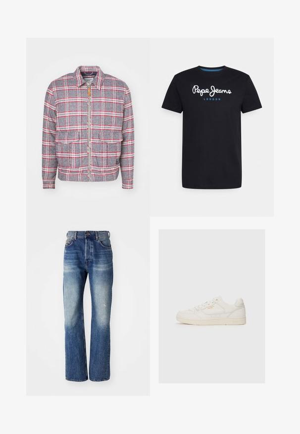 Grå og rød ternet jakke med lynlås foran, to forlommer og en simpel krave. Lavet af et struktureret stof. Casual design.; Sort bomulds T-shirt med et hvidt skriftskriftlogo "Pepe Jeans" med en blå accent, rund hals og korte ærmer. Enkel, ensfarvet design.; Blå denim jeans med lige ben-design, der har lys falmning og let whiskering fortil. Standard fem-lomme stil.; Hvide lædersneakers med en glat overflade, der har perforerede detaljer, snørebånd fortil og et diskret logo i guld nær siden.