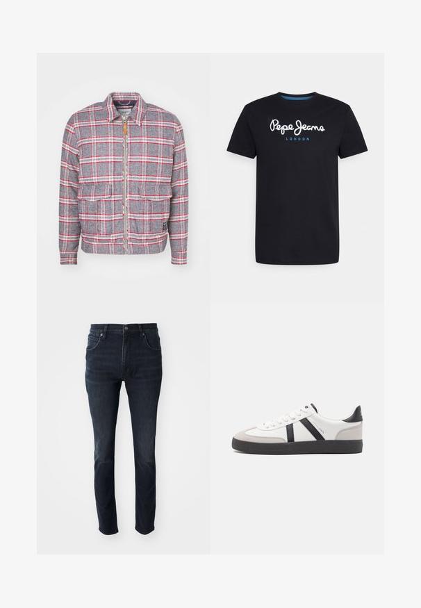 Veste à carreaux grise et rouge avec fermeture éclair à l'avant, deux poches avant et un col simple. Fabriquée dans un tissu texturé. Design décontracté.; T-shirt en coton noir avec un logo en script blanc "Pepe Jeans" accentué de bleu, col rond et manches courtes. Design simple et uni.; Jeans en denim bleu foncé avec une coupe droite, un design à cinq poches et un léger effet décoloré sur les cuisses, dotés d'une fermeture à bouton en métal.; Baskets blanches avec des accents noirs et gris, présentant un embout texturé gris, une semelle en caoutchouc noir et des lacets plats blancs. Design épuré, style minimaliste.