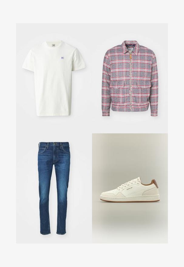 Veste à carreaux grise et rouge avec fermeture éclair à l'avant, deux poches avant et un col simple. Fabriquée dans un tissu texturé. Design décontracté.; T-shirt en coton blanc avec un col rond et des manches courtes. Affiche un petit logo rectangulaire en bleu et violet de Lee sur la poitrine gauche.; Jean en denim bleu foncé avec un design classique à cinq poches, coupe droite, et légère décoloration sur les cuisses. Détails métalliques à la taille.; Baskets blanches basses avec col marron, motifs perforés, fermeture à lacets à l'avant, et logo "Replay" sur le côté, la languette et la semelle.