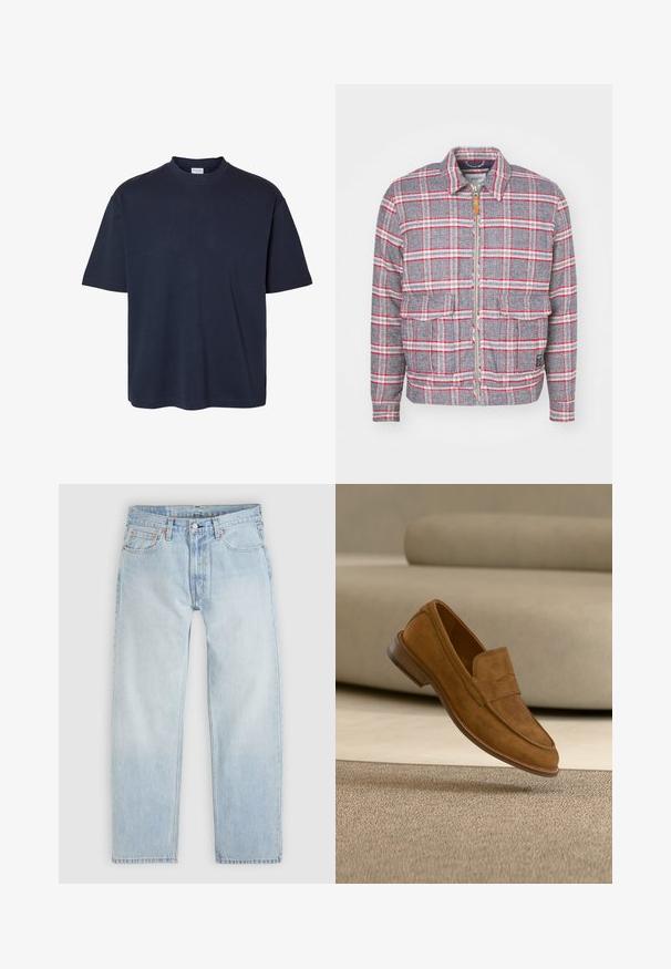 Grå og rød ternet jakke med lynlås foran, to forlommer og en simpel krave. Lavet af et struktureret stof. Casual design.; Plain mørk marineblå t-shirt med korte ærmer, rund hals og almindelig pasform, vist på en hvid baggrund.; Lyseblå denimjeans med en afslappet pasform, der har fem lommer, knaplukning og subtile orange syningsdetaljer.; Brun ruskind herreloafer svævende over et beige tæppe med en matchende beige sofa i baggrunden.