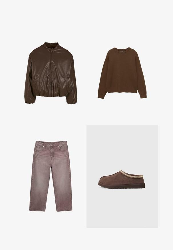 Veste bomber en simili cuir marron avec fermeture éclair sur le devant, design court, poignets élastiques et poches latérales, présentant une texture brillante.; Pull en tricot marron avec un col rond, des manches longues et une coupe décontractée. Texture lisse avec des poignets et un ourlet côtelés.; Jean droit court en mauve délavé avec bouton frontal, fermeture à glissière et style cinq poches, présenté sur fond blanc.; UGG TASMAN II - Chaussons - dusted cocoa / dusted cocoa