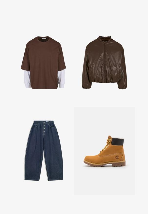 Veste bomber en simili cuir marron avec fermeture éclair sur le devant, design court, poignets élastiques et poches latérales, présentant une texture brillante.; T-shirt oversized marron avec col rond et manches courtes, superposé sur des manches longues blanches ; tissu en coton, détails minimalistes.; Pantalons en denim bleu foncé à jambes larges avec une taille haute, fermeture à cinq boutons et cinq poches. Présente des accents de couture sur les coutures.; Bottine en cuir brun avec œillets en métal, doublure en fourrure blanche, col rembourré noir, semelle robuste et logo en relief sur le côté.
