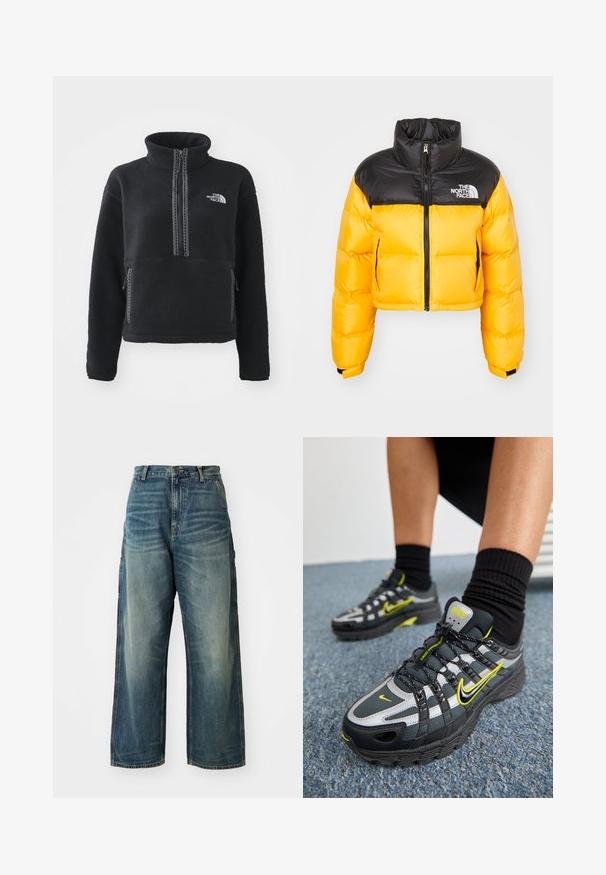 Geknipte pufferjack met een zwarte bovenkant en heldere gele onderkant, gemaakt van glanzend nylon met een ritsluiting en logoaccent.; Zwarte fleece trui met hoge kraag, kwart rits, borstzak en contrasterende stiksels. Voorzien van het The North Face-logo op de borst.; Wijd uitgesneden denim jeans in een vervaagde blauwe wassing. Bevat een knoopsluiting, vijf zakken en zichtbare stiksels. Materiaal heeft een zachte textuur.; Zwarte en grijze sport schoenen met reflecterende zilveren accenten, gestructureerde meshpanelen en felgele details. Vetersluiting met een gestructureerde zool.