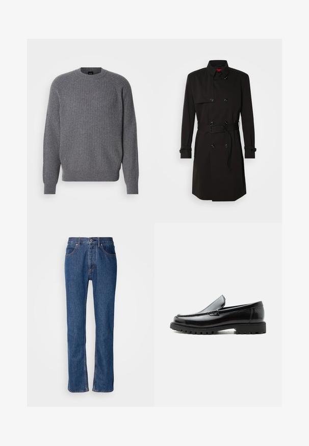 Sort trenchcoat med dobbeltrækkerdesign, store knapper, beltestrop i taljen og høj krave. Glat stof med mat finish.; Grå ribbet strikket langærmet sweater med rund halsudskæring og ribbede manchetter, vist på en enkel hvid baggrund.; Blå denimjeans med lige snit, fem-lomme-design og lys syning. Har lynlås og knaplukning foran.; Sort læderloafer med chunky gummisål, syet overdel og præget mærkenavn på hælen, vist i sideprofil på hvid baggrund.
