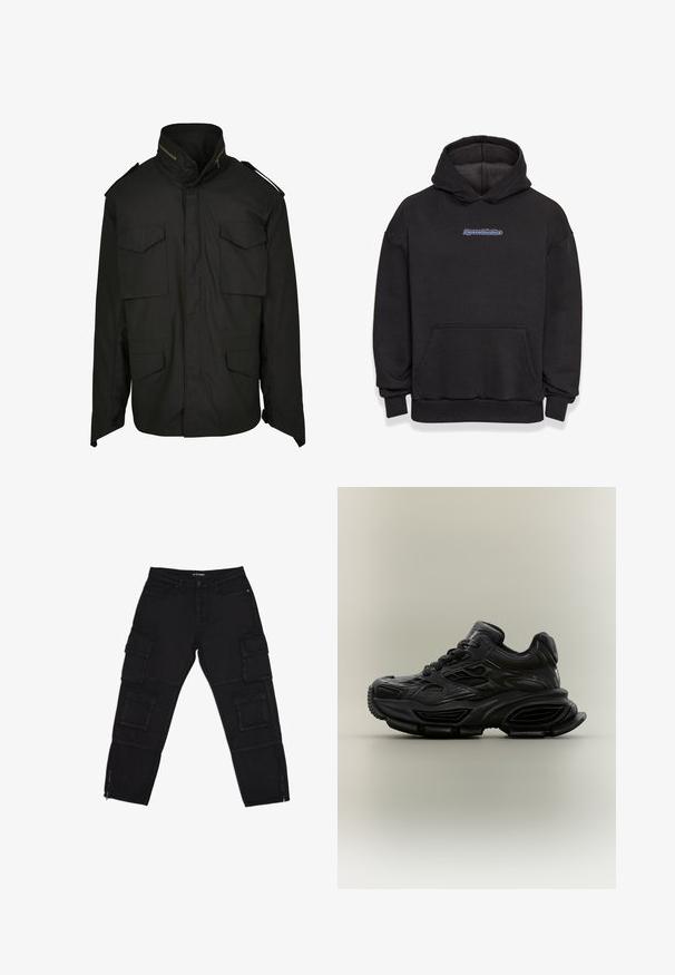 Schwarze Jacke mit hohem Kragen, Reißverschluss vorne und vier Fronttaschen. Aus strapazierfähigem Stoff mit einem strukturierten Design und Schulterakzenten gefertigt.; Schwarzer Kapuzenpullover aus einem Baumwollmischgewebe. Verfügt über eine vordere Tasche und ein Logo in Blau und Rot. Gerippte Bündchen und Saum.; Schwarze Cargo-Hosen aus robustem Stoff, ausgestattet mit mehreren Cargotaschen, Reißverschluss-Ärmeln und geraden Beinen mit dezenten Nähdetails.; Schwarzer klobiger Sneaker mit strukturiertem Design, dicker Sohle und Schnürverschluss vor schlichtem neutralem Hintergrund.
