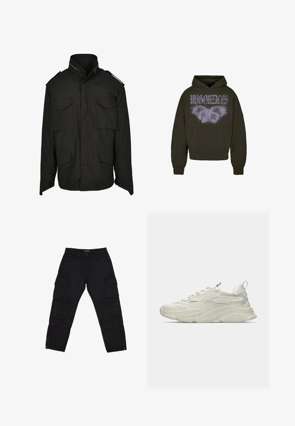 Schwarze Jacke mit hohem Kragen, Reißverschluss vorne und vier Fronttaschen. Aus strapazierfähigem Stoff mit einem strukturierten Design und Schulterakzenten gefertigt.; Dunkelgrüner Hoodie mit Fronttasche, der ein weißes Schmetterlingsmotiv und den Text "MYGONAZE" zeigt. Hergestellt aus weichem Stoff, mit gerippten Bündchen.; Schwarze Cargo-Hosen aus robustem Stoff, ausgestattet mit mehreren Cargotaschen, Reißverschluss-Ärmeln und geraden Beinen mit dezenten Nähdetails.; Klobiger weißer Sneaker mit Netzakzenten, texturierter Gummisohle und abgerundeter Form. Verfügt über minimalistisches Branding und eine Ziehschlaufe an der Ferse.