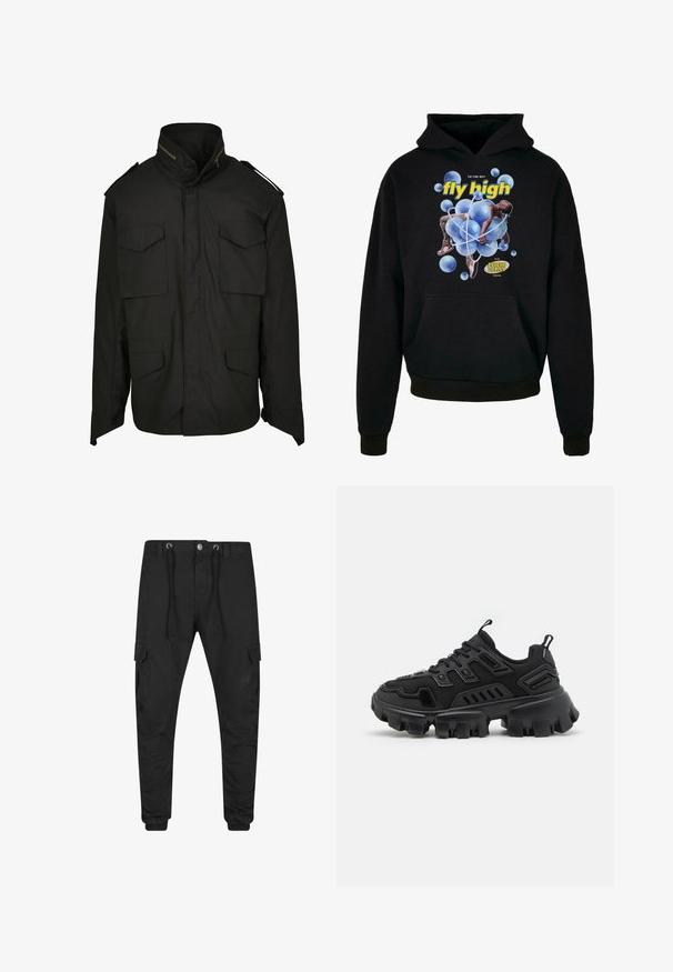 Sort jakke med høj krave, lynlås foran og fire forlommer. Lavet af slidstærkt stof med et struktureret design og skulderdetaljer.; Sort sweatshirt med hætte, der har et centralt grafisk motiv af blå bobler og en figur. Teksten siger "fly high" i gult. Kængurulomme foran.; Sorte smalle cargobukser med elastiske manchetter, for-lynlås og knaplukning, snøre i taljen og klaplommer på hvert lår.; Sort sportsko med tekstureret gummisål, lagdelte designelementer og forstærkede detaljer. Har snørebånd og en trækflig ved hælen.