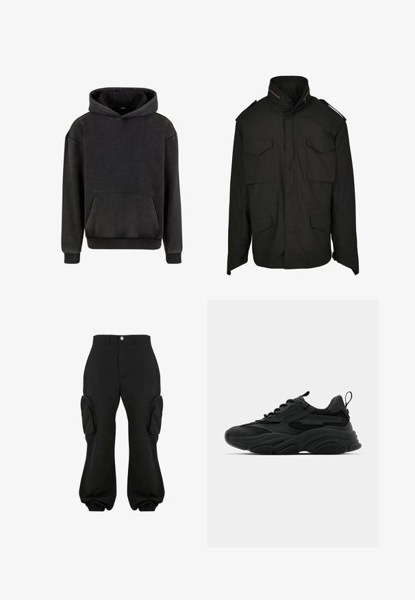 Schwarze Jacke mit hohem Kragen, Reißverschluss vorne und vier Fronttaschen. Aus strapazierfähigem Stoff mit einem strukturierten Design und Schulterakzenten gefertigt.; Urban Classics Kapuzenpullover - magnet; Schwarze Cargo-Hosen mit lockerer Passform, ausgestattet mit zwei seitlichen Cargo-Taschen, elastischen Bündchen an den Knöcheln und einem Knopfverschluss auf der Taille.; Schwarze Sportschuhe mit einer dicken Sohle, Mesh-Einsätzen und Gummidetails. Verfügen über eine Zuglasche an der Ferse und strukturierte Muster.