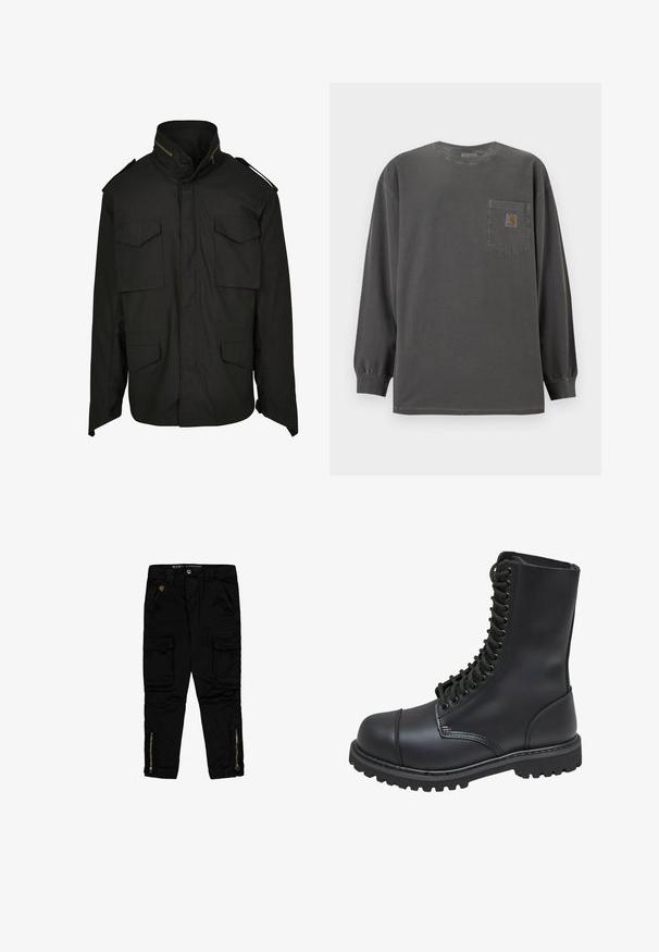 Schwarze Jacke mit hohem Kragen, Reißverschluss vorne und vier Fronttaschen. Aus strapazierfähigem Stoff mit einem strukturierten Design und Schulterakzenten gefertigt.; Dunkelgraues Langarmshirt mit Rundhalsausschnitt und einer Brusttasche mit kleinem Carhartt-Logo auf der Tasche.; Schwarze Cargo-Hosen aus Baumwolle mit Seitentaschen, Reißverschluss-Akzenten an den Knöcheln und einer regulären Passform.; Schwarze Lederkampfstiefel mit hohem Schaft, Schnürung an der Vorderseite, gepolstertem Kragen und rutschfester, strukturierter Sohle für guten Halt. Mit verstärkter Zehenkappe.