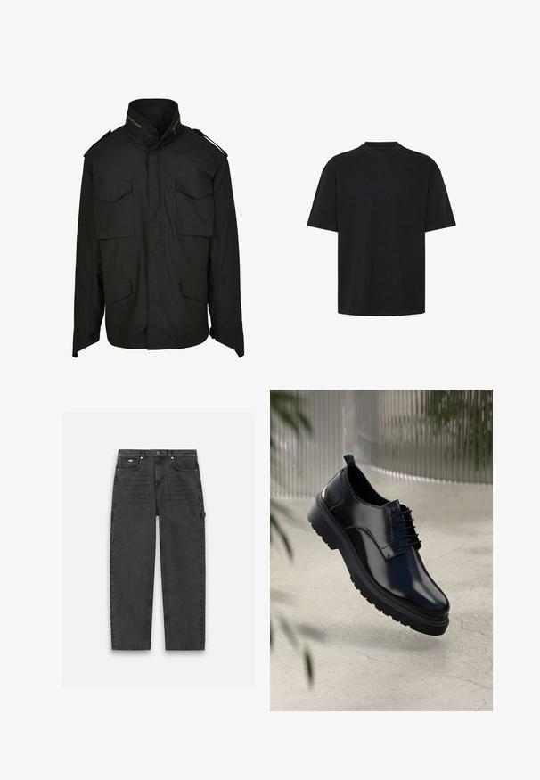 Veste noire avec un col haut, un zip à l'avant et quatre poches avant. Fabriquée en tissu durable avec un design structuré et des accents aux épaules.; T-shirt noir à manches courtes en coton. Il présente un col rond et une coupe décontractée avec un ourlet droit et des coutures minimales.; Pantalons en denim gris foncé avec une coupe droite, style cinq poches et fermeture à boutons et zip visible. Présente un agencement minimal.; Chaussure en cuir noir avec une finition brillante, bout rond, design à lacets, surpiqûres contrastantes, et semelle épaisse en caoutchouc avec motifs de relief.