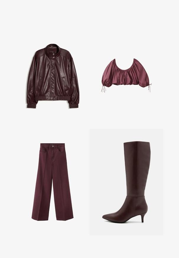Veste bomber en similicuir bordeaux foncé avec poignets et ourlet élastiques, deux poches latérales et fermeture à boutons-pression au col et à l'avant.; Blouse courte épaules dénudées en mauve foncé, avec tissu froncé et manches bouffantes élastiquées, nouées aux poignets.; Pantalon bordeaux à jambes larges avec poches avant, passants de ceinture et fermeture par bouton, présenté à plat sur un fond blanc.; Anna Field by Zalando Bottes - dark purple