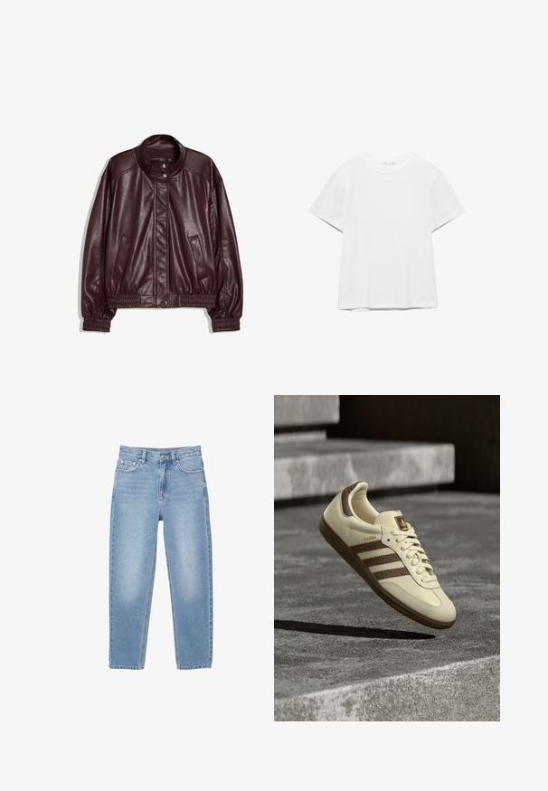 Donker bordeaux faux leren bomberjack met elastische manchetten en zoom, twee zijzakken en drukknopsluiting aan de kraag en voorkant.; Effen wit T-shirt met korte mouwen en ronde hals, met een rechte zoom, gepresenteerd tegen een witte achtergrond.; Lichtblauwe denim jeans met een rechte snit, vijf zakken en een ritssluiting aan de voorkant. De stof vertoont een lichte vervaging en heeft een gladde textuur.; Crèmekleurige sneaker met bruine accenten, getextureerde zijstrepen en een glad leren afwerking. Voorzien van een veterontwerp en een rubberen zool.