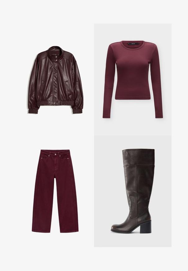 Donker bordeaux faux leren bomberjack met elastische manchetten en zoom, twee zijzakken en drukknopsluiting aan de kraag en voorkant.; Langsleeves aansluitend geribbeld topje in donker bordeaux met ronde hals en eenvoudige zoom, van het merk Vero Moda.; Bordeaux wijde jeans van denim, met een vier-pocket ontwerp en metalen knoopsluiting met bijpassende stiksels.; Bruine leren kniehoog laars met een ronde neus en een gestapelde hak. Heeft een gladde textuur en zijstiksel details.