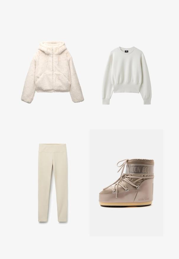 Kort cremefarvet hættetrøje lavet af blødt kunstpels. Har fuld lynlåslukning, snøre i hætten og to forlommer. Tekstureret overflade.; Hvid langærmet sweatshirt med rund halsudskæring og ribkant ved ærmer og bund, vist mod en ensfarvet hvid baggrund.; Beige leggings med en høj, bred talje, lavet af et blødt, strækbart stof. Lige ben-design uden synlige sømme eller mønstre.; Beige Moon Boot med tyk sål, snørebånd der krydser over fronten, og mærket tekst på siden og ankelnittet.