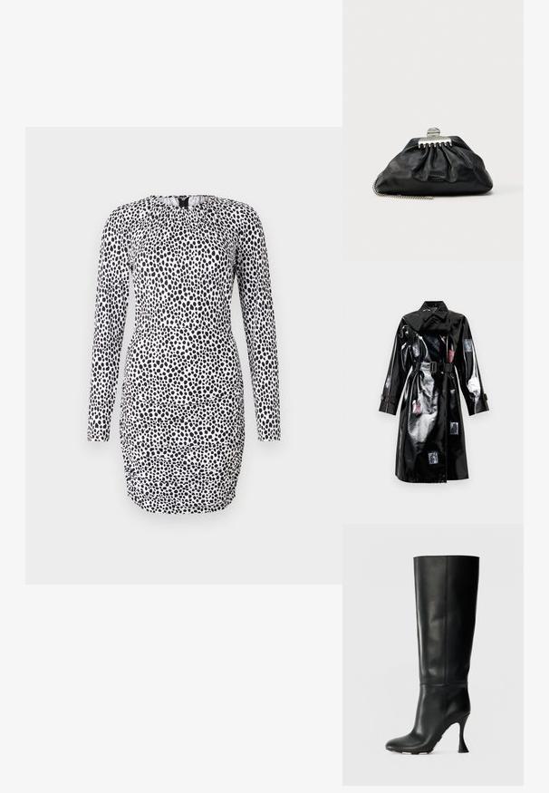 Sort skinnende trenchcoat med bælte, stor krave, lange ærmer, knapdetaljer og små fotoprint spredt foran og på ærmerne.; Langærmet kjole i et sort-hvidt prikket mønster, med en rynket halsudskæring og en tætsiddende silhuet med rynke-detaljer.; Sorte læderknæ-høje støvler med en tætsiddende skaft og spids tå. Har en karakteristisk buet hæl og en glat tekstureret overflade.; Sort læderclutch med samlet design, sølv hardware-lås og kæderem. Diskret logo præget foran.